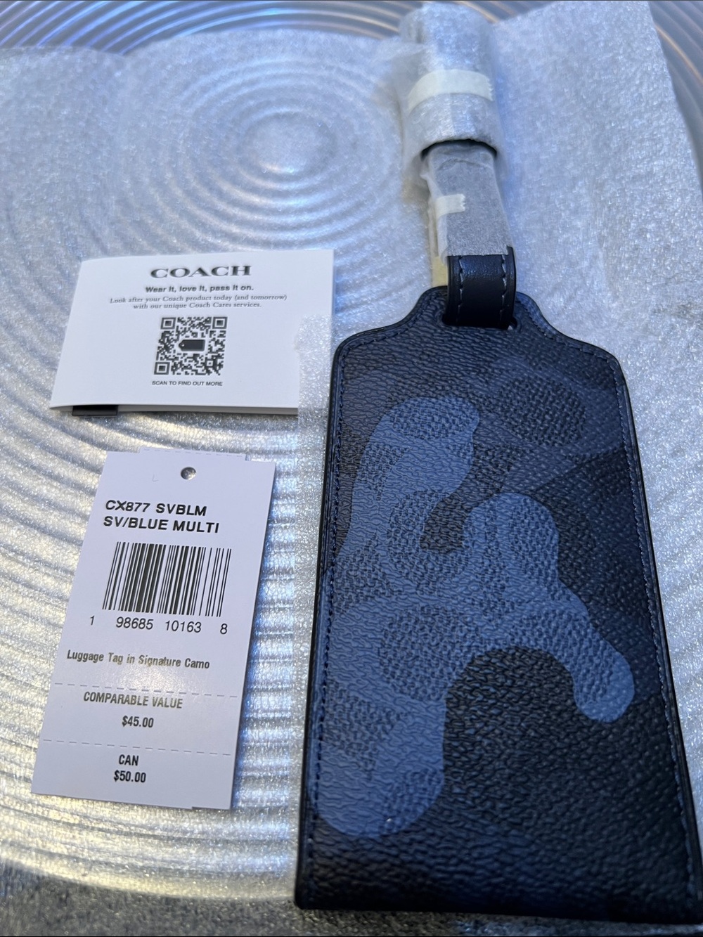 Coach NWT Black & Blue Camo Luggage Tag with Silver tone Hardware- Unisex